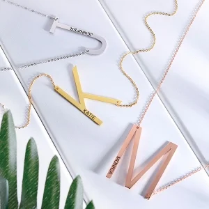 Engraved Sideways Initial Necklace in Gold